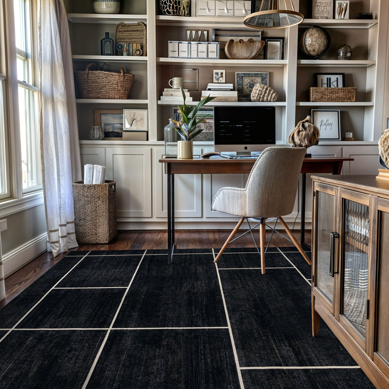 Tapis noir antidérapant Windowpane Grid, 5 pi x 7 pi