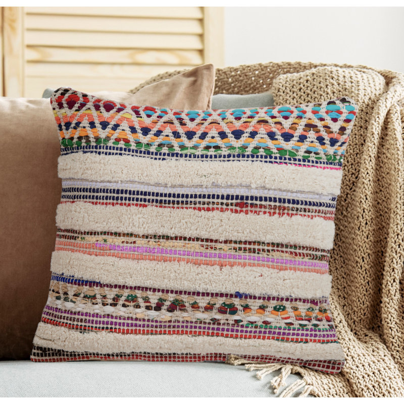 Multicolor Handwoven Cotton Chevron Striped Throw Pillow, 18" Square