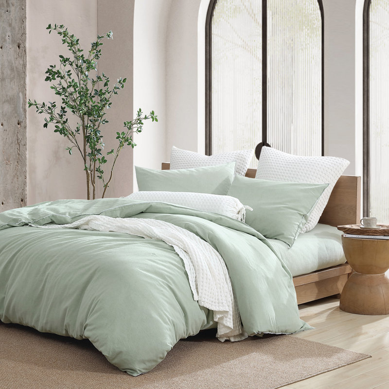 Ensemble de housse de couette en lin délavé DKNY, Housse de couette pour très grand lit et 2 très , Vert