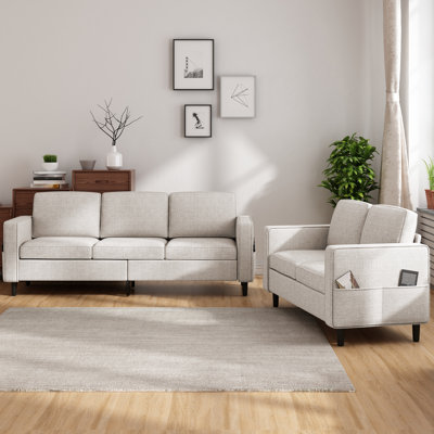 3 Pcs Living Room Furniture Set, Modern Linen Sofa Set With Side Pockets, Convertible Sectional Couch With Storage Ottoman, L Shaped Couch + Loveseat by Ebern Designs