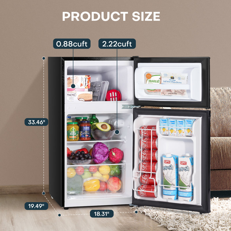 3.1 Cu.Ft Mini Double Door Fridge With Freezer,ENERGY STAR, Black