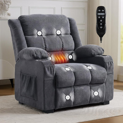 Fauteuil inclinable électrique surdimensionné avec siège de 26 pouces, massage et chaleur, 2 positions de mémoire, chargement USB, velours doux, porte-gobelets et poches latérales