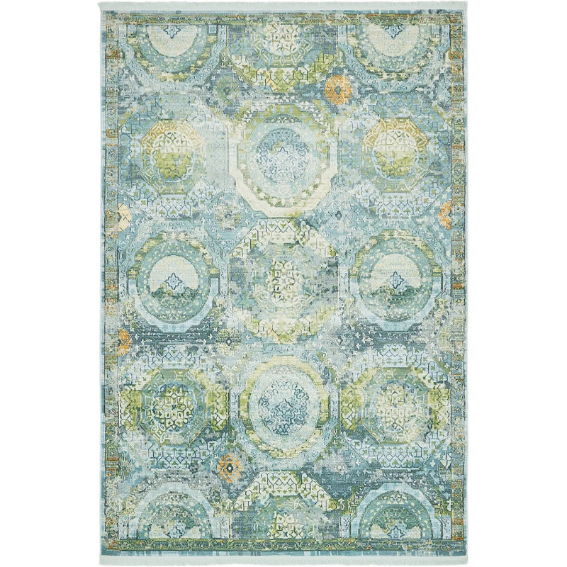 Tapis rose Folmar, Rectangle 3' x 5', Green/Light Blue