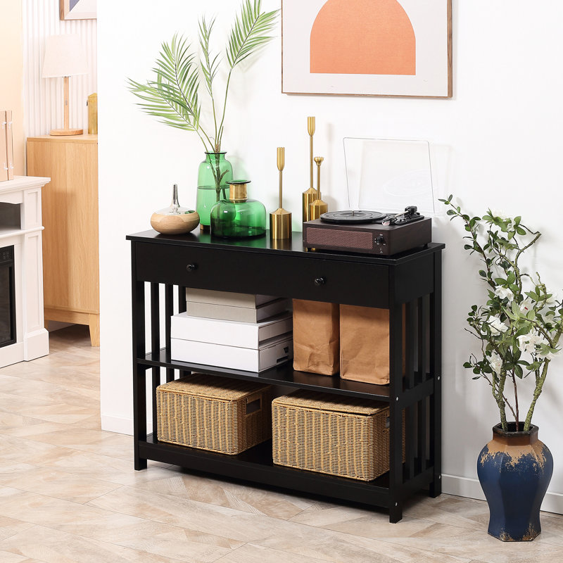 Console de couloir noire avec tiroir extra large et 2 tablettes, structure en bois à lattes pour ameublement moderne tiroir extra large, tablettes ouvertes et rangement pour la construction