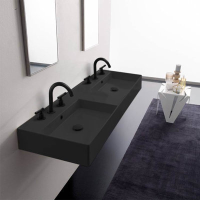 Double Black Ceramic Wall Mounted or Vessel Sink With Counter Space