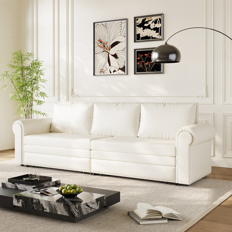 Canapé Chesterfield, canapé-lit gigogne de 93,7 po, canapé-lit convertible 3 en 1 en similicuir avec garniture cloutée et accoudoirs roulés, canapé-lit multifonctionnel pour le salon