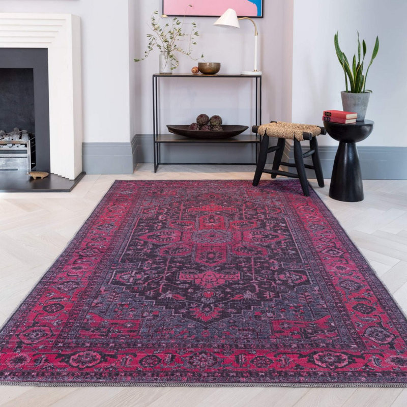 Traditional Bordered Floral Persian Abstract Easy To Clean Rug For Living Room And Bedroom, Chenille/Polyester