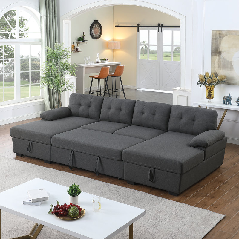 Canapé-lit modulaire rembourré et méridienne Micia, 100 % polyester gris foncé