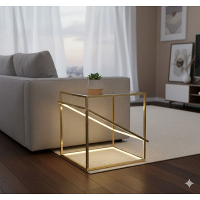 Table d'appoint 16 lumières DEL en acier inoxydable doré avec plateau en verre