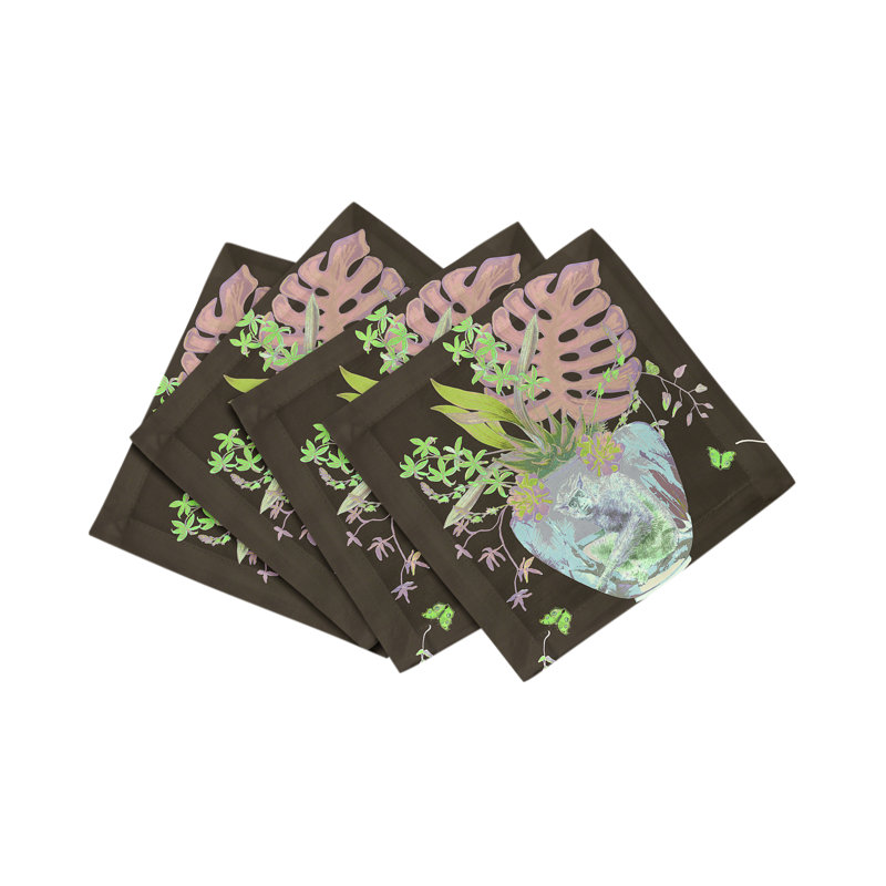 Monkey Large Jungle Cotton Sateen Cocktail Napkins, Chocolatte Lime