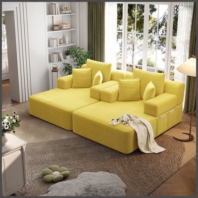 Oversized Double Plush Corduroy Chaise Lounge Sofa Bed,Convertible Sleeper Couch Bed w/ Storage Pockets,3 Soft Pillows,Multi-Functional Frameless Sofa Couch for Apartment,Home Theater,Dorm,Yellow