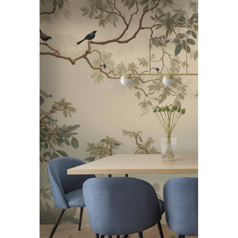 Murale oiseaux et branches Chinoiserie | Papier peint adhésif Misty Lake | Décoration murale de salon amovible, Non tissé