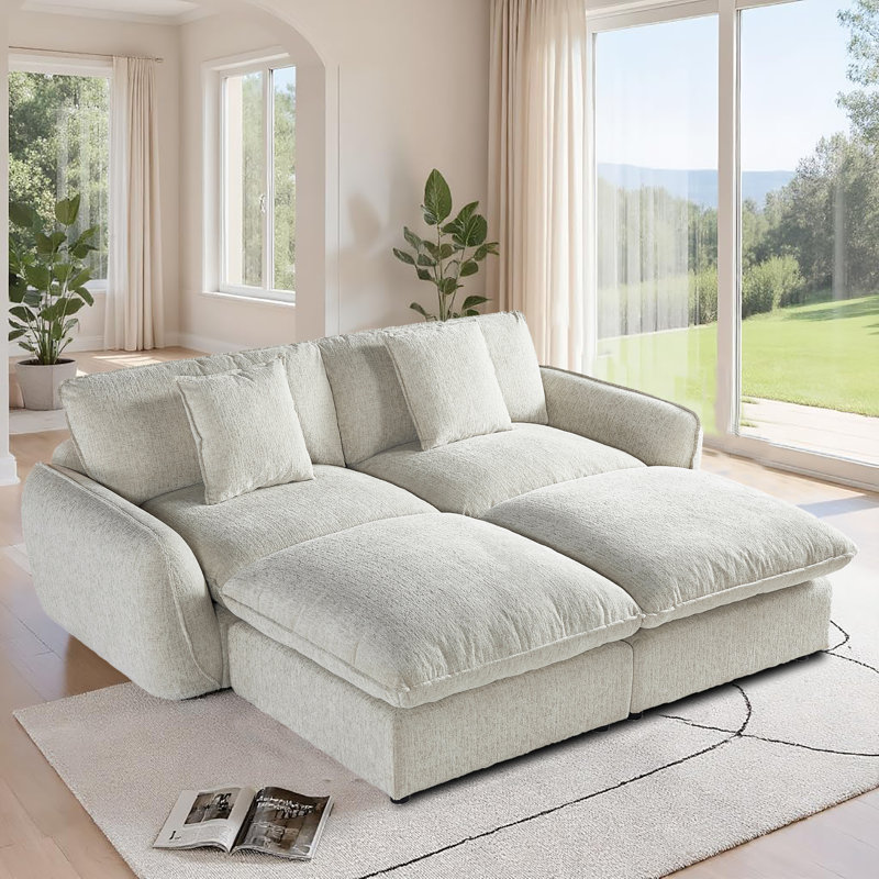 Sofa Bed With 2 Ottoman, Light Gray Polyester Blend