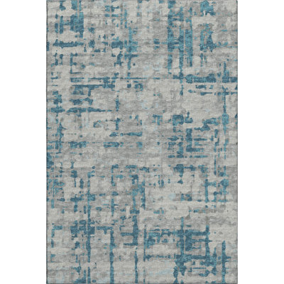 10' X 14' Persian Blue And Gray Abstract Distressed Washable Area Rug With UV Protection