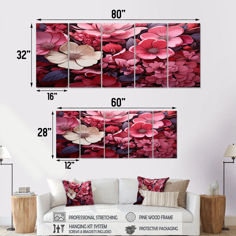 «Pink Twilight Poppies Glow Collage - Poppies», ensemble de 5 décorations murales, H 28 po x l 60 po