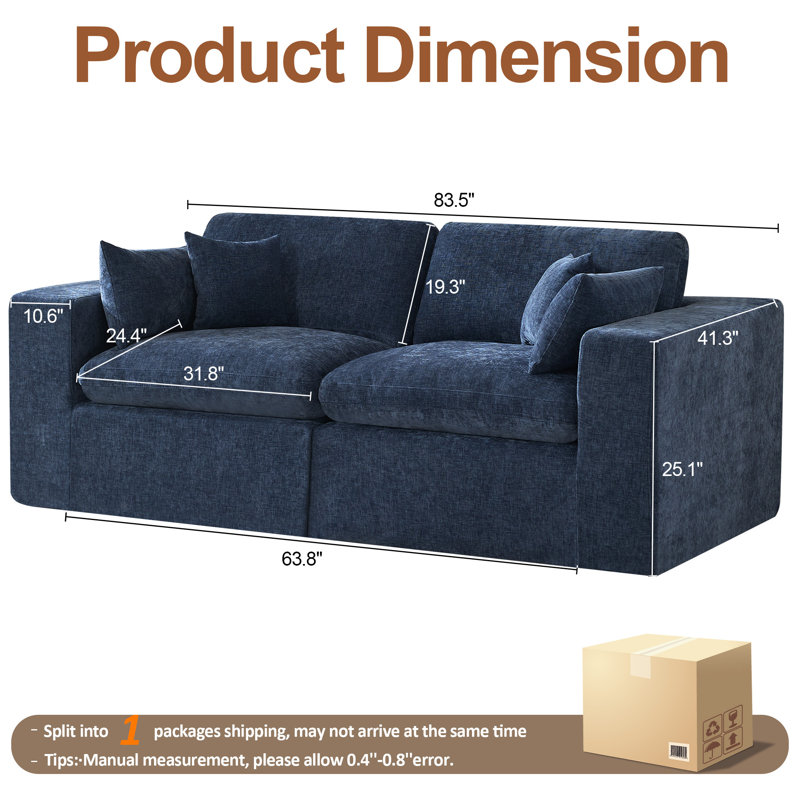 Canapé à compression moderne recouvert de chenille, H 25,1 po x l 83,5 po x P 41,3 po, Marine