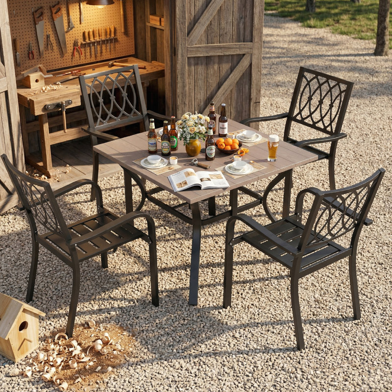 5‑Piece Outdoor Patio Dining Set, 4 Iron Chairs (350 lbs Capacity) + 37.8" Square Wood‑Grain Metal Table w/ Umbrella Hole , Rustproof, Ergonomic Slat Design, 30‑Min Quick Assembly