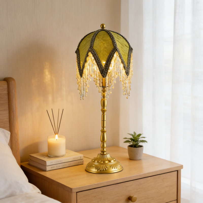 Lampe de table de style victorien avec abat-jour perlé, éclairage de température réglable à 3 couleurs, base en métal doré orné et frange décorative à pampille pour la chambre à coucher ou le salon