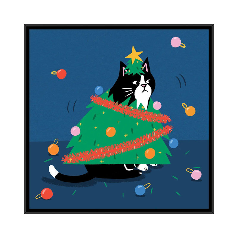 Arbre de Noël chat - reproduction d'art murale - toile encadrée, H 18 po x l 18 po, Impression encadrée sans passe-partout