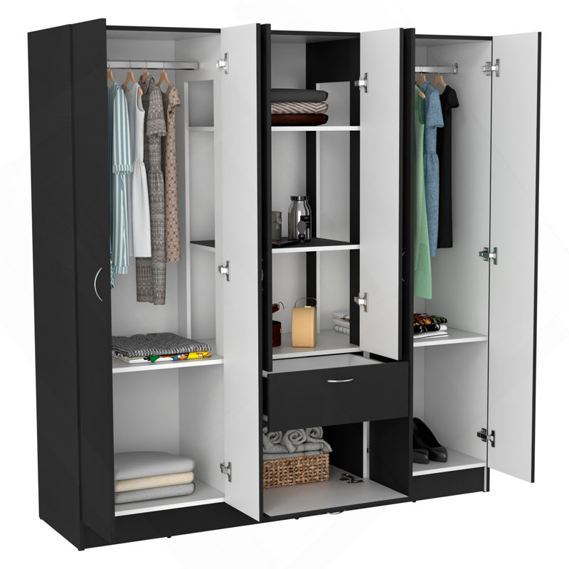 Armoire à six portes Mitu, sept tablettes intérieures, un tiroir, tringle noire / blanche, Noir