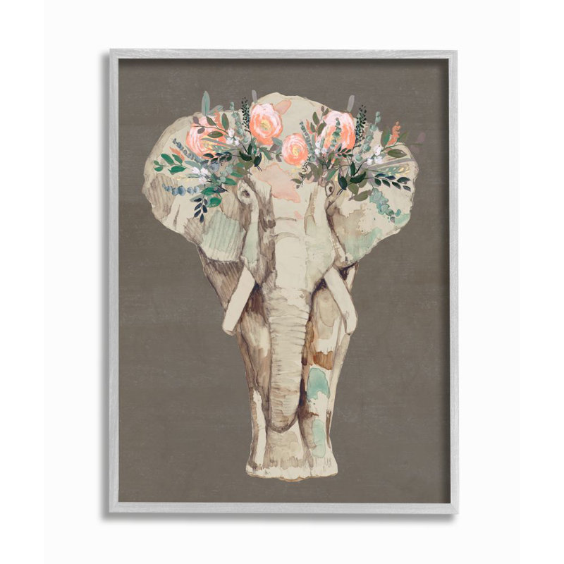 Éléphant, couronne de fleurs, rose, vert, fleur élégante par Jennifer Goldberger - impression, Estampe numérique Farmhouse