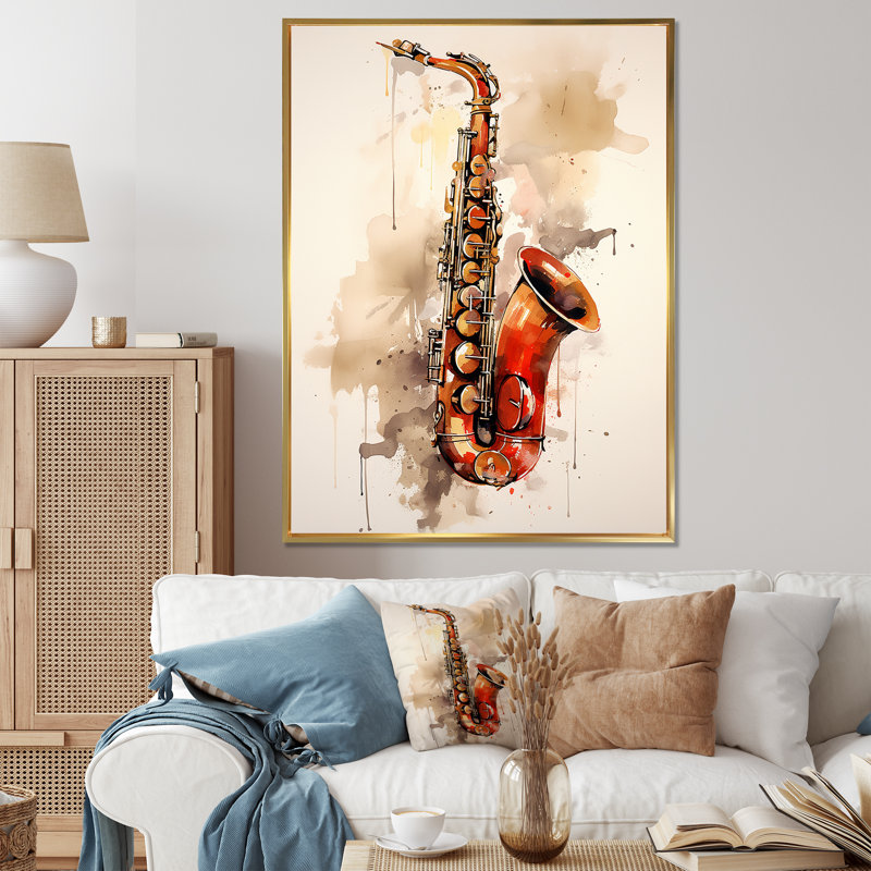 Vibrant Saxophone Swing - Reproduction d'art sur toile encadrée, Cadre flottant doré, H 20 po x l 12 po x P 1 po