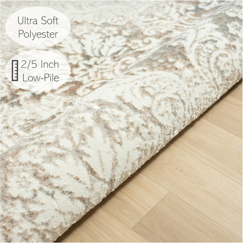 Performance Damask Transitional Beige/Ivory Indoor Area Rug, Rectangle 5' x 7'