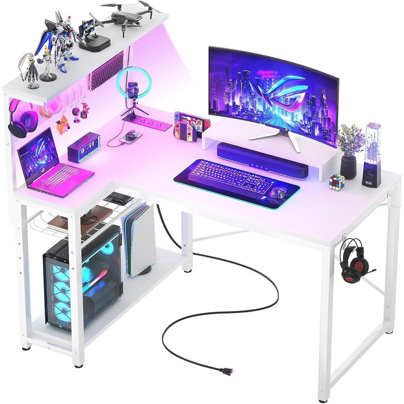 Bureau d'ordinateur en forme de L de 43 pouces avec support pour moniteur et tablettes de rangement, bureau en coin réversible avec crochets pour casque d'écoute
