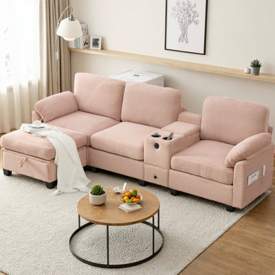 Canapé modulaire en L 4 places en velours côtelé avec console mobile, rangement pour repose-pieds, porte-gobelet USB et recharge, canapé multifonctionnel pour les appartements et les salons