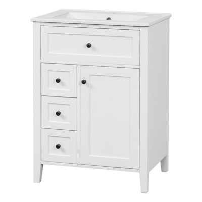 "24" White Bathroom Vanity With Sink, MDF & Rubberwood Construction, 3 Drawers & Cabinet With Adjustable Shelves, Modern Design For Small To Medium Bathrooms"