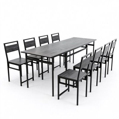 Ensemble de table de salle à manger extensible 7 pièces, table de salle à manger rectangulaire extensible pliable avec 6 chaises, structure en fer robuste en métal, plateau de table en grain de bois, mobilier de salle à manger moderne pour appartemen