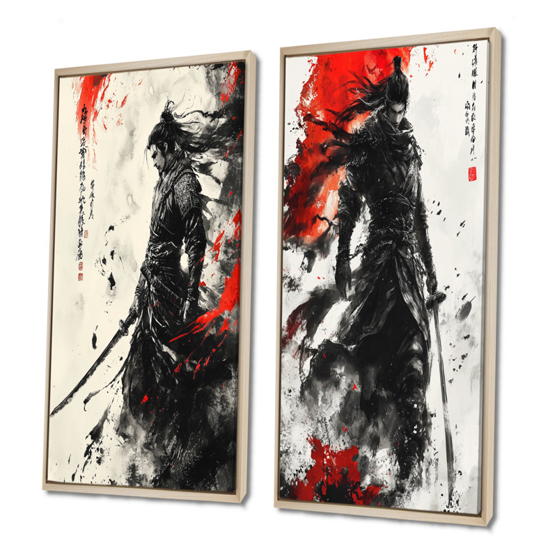 Ensemble de 2 pièces d'art de la guerre de la Chine antique noire accentuée de rouge I - Warrior, H 32 po x l 32 po, Érable