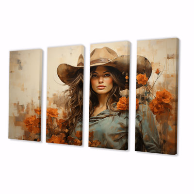 Westerna Floral Wild West Cow Gril - Western 4 Piece Wall Art