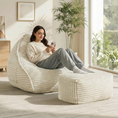 Extra-Wide Bean Bag Chair With Ottoman And Pocket