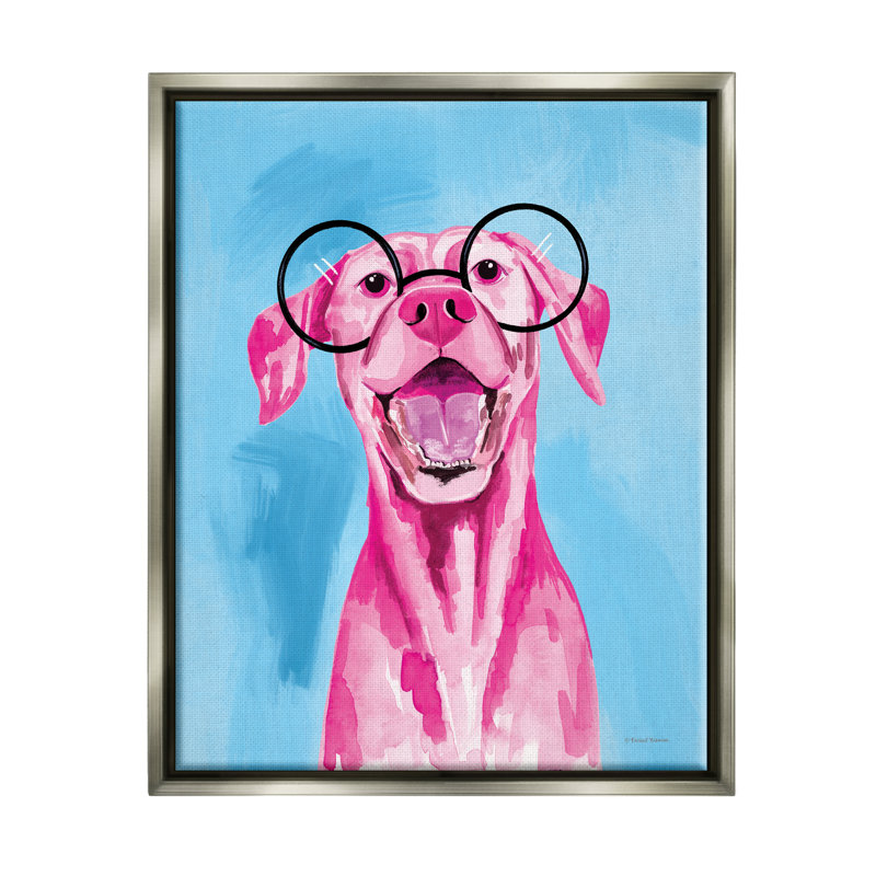 «Happy Dog» rose et bleu encadré sur bois par Rachel Nieman, peinture, H 31 po x l 25 po x P 1,7 po