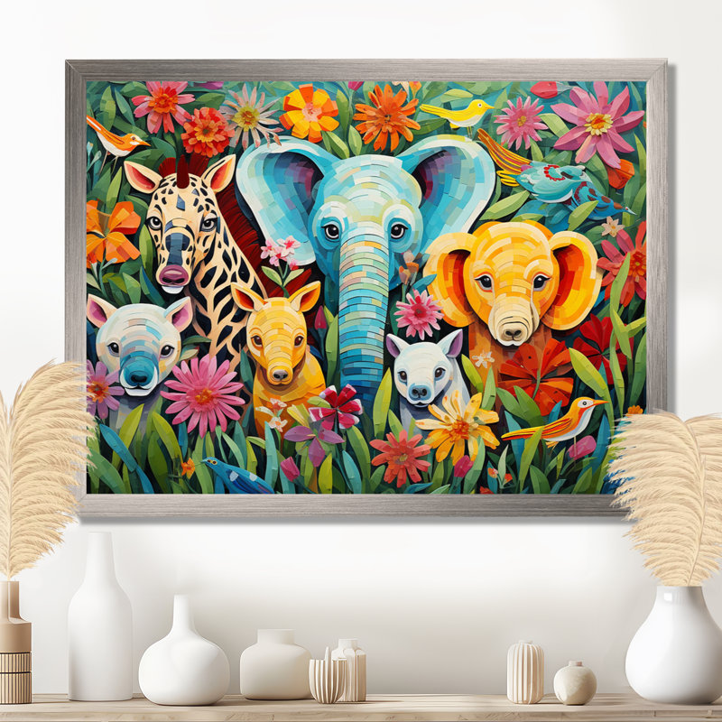 Pépinière d'animaux colorée mignonne III - reproductions encadrées, H 16 po x l 32 po x P 1 po, Cadre flottant blanc