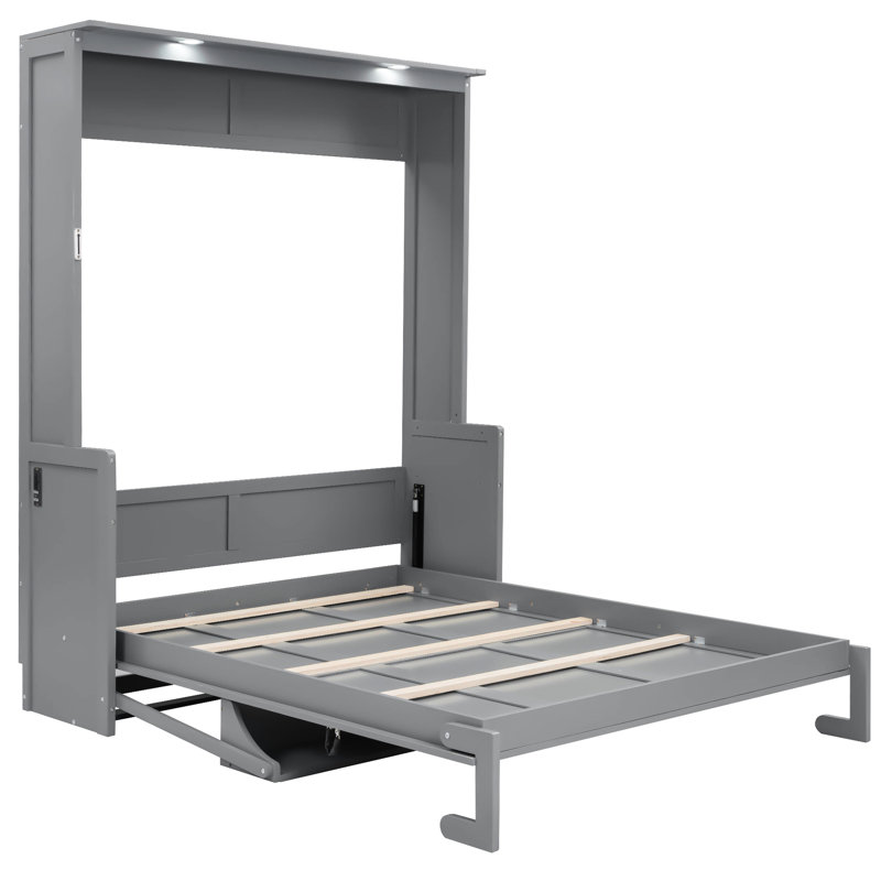 Lit grand format avec bureau, lumières à DEL, station de charge - gris, mur peu encombrant pour les petites pièces, design moderne et contreplaqué, assemblage facile