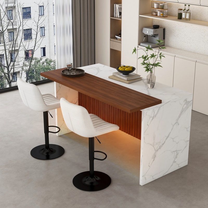 Ensemble de table de salle à manger avec deux tabourets de bar, conception d'éclairage DEL pour la salle à manger, White