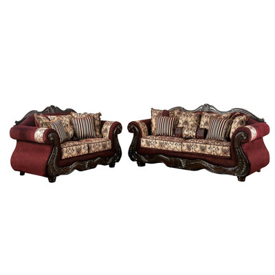 Maty 2Pc Sofa Loveseat Set, Burgundy Brown Chenille, 5 Accent Pillows