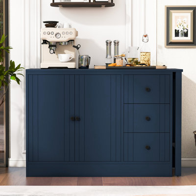 Buffet en bois de 89,7 po avec lignes texturées, tablettes réglables et table coulissante, idéal pour le couloir de la cuisine, le plancher et le support à 3 tiroirs
