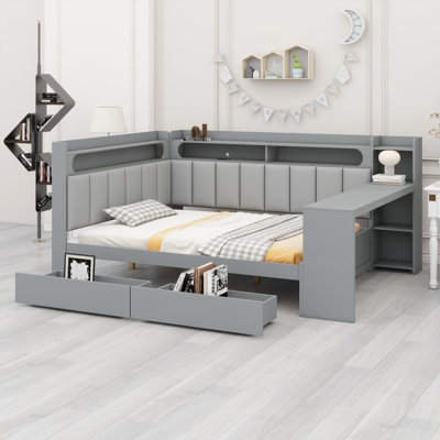 Daybed With Storage Shelves,Drawers,Charging Station,LED Light,Desk And Upholstered Headboard And Backrest