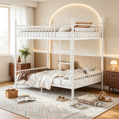 Lit superposé convertible avec barrière de sécurité incurvée, lit superposé en métal se séparant en 2 lits plateforme pour enfants, adolescents et adultes, 2 places superposées, blanc