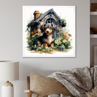 «Puppy Doghouse Blooms I», art mural chien