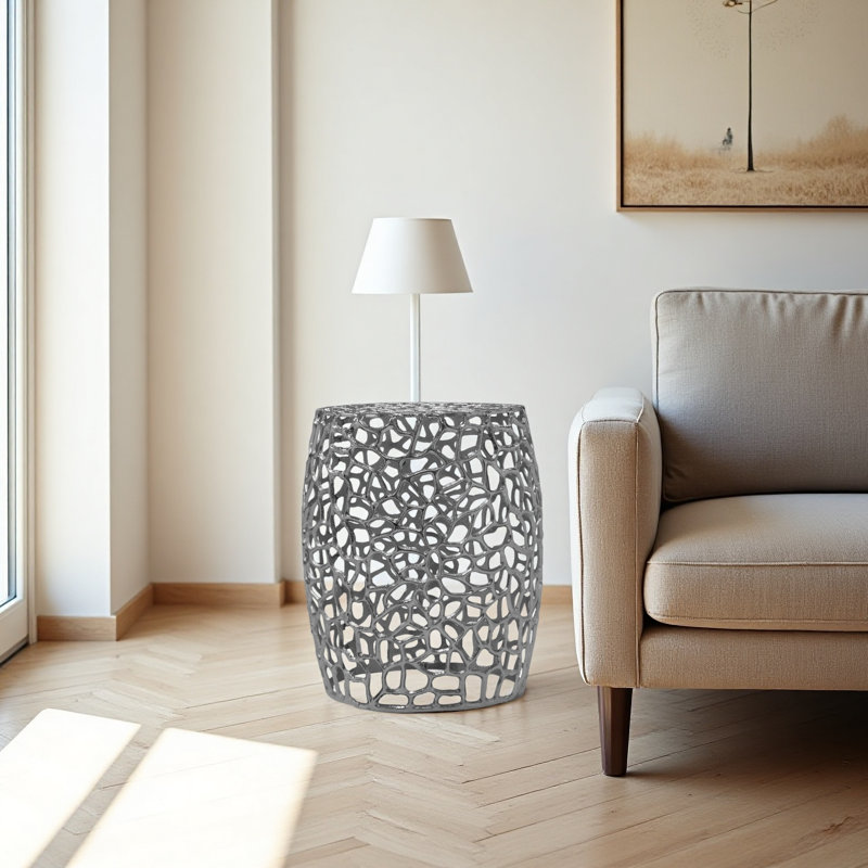 Table de bout cylindrique en aluminium au design complexe, Argent argent