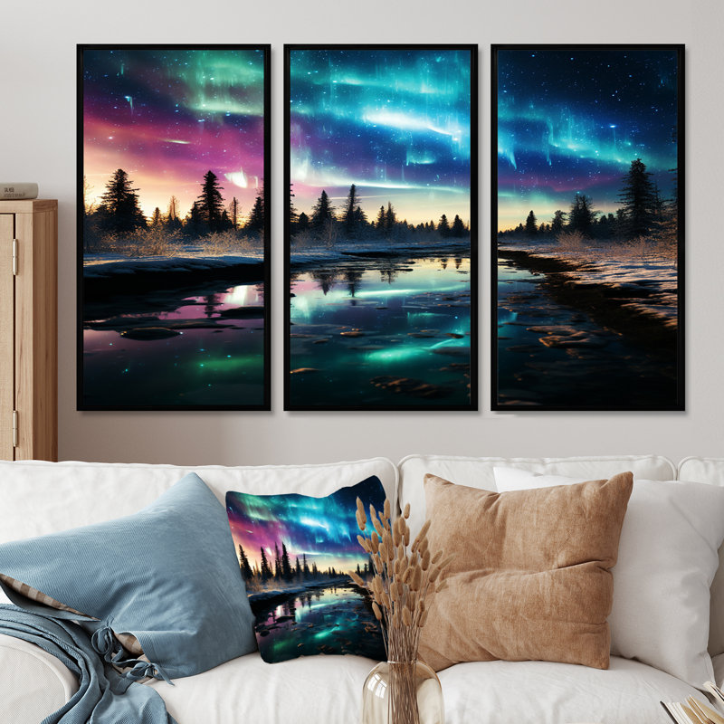 «Blue Northern Lights River Snow Landscape - Aurora Borealis», ensemble de salon d'art mural, Cadre flottant noir