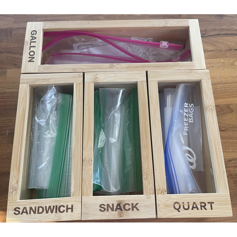 Bamboo Bag Holder & Dispenser – Kitchen Drawer Organizer for Ziploc Bags, Fits Gallon, Quart, Sandwich & Snack Sizes