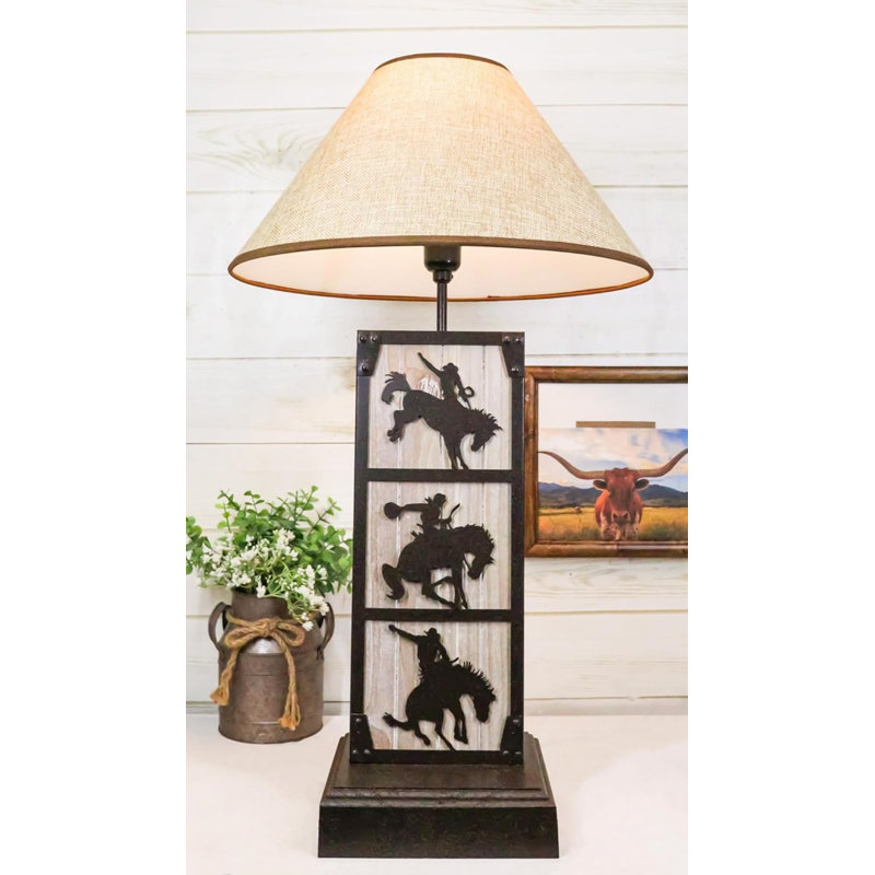 Lampe de table de chevet en bois et métal Rustic Western Cowboy Giddy Up Horse