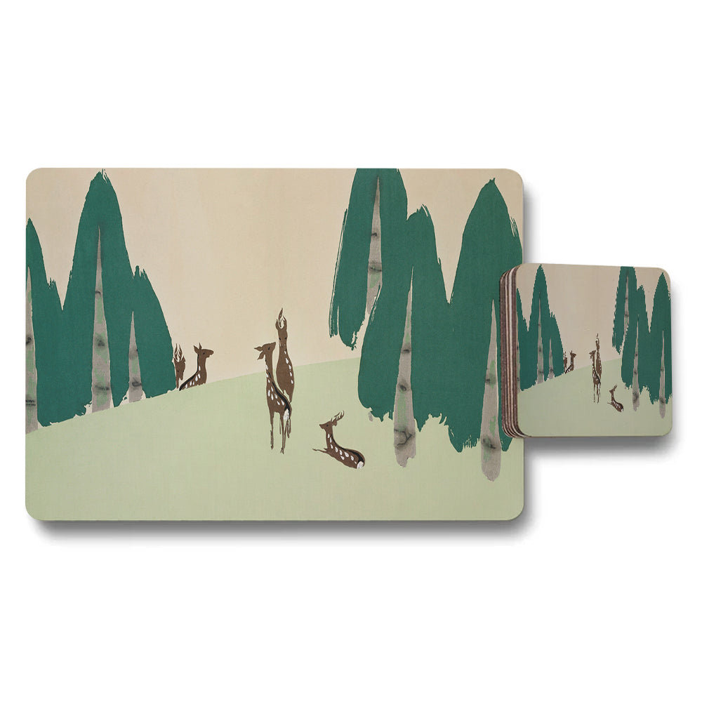 Pastel Deer in Forest Placemat and Coaster Set for Dining Table