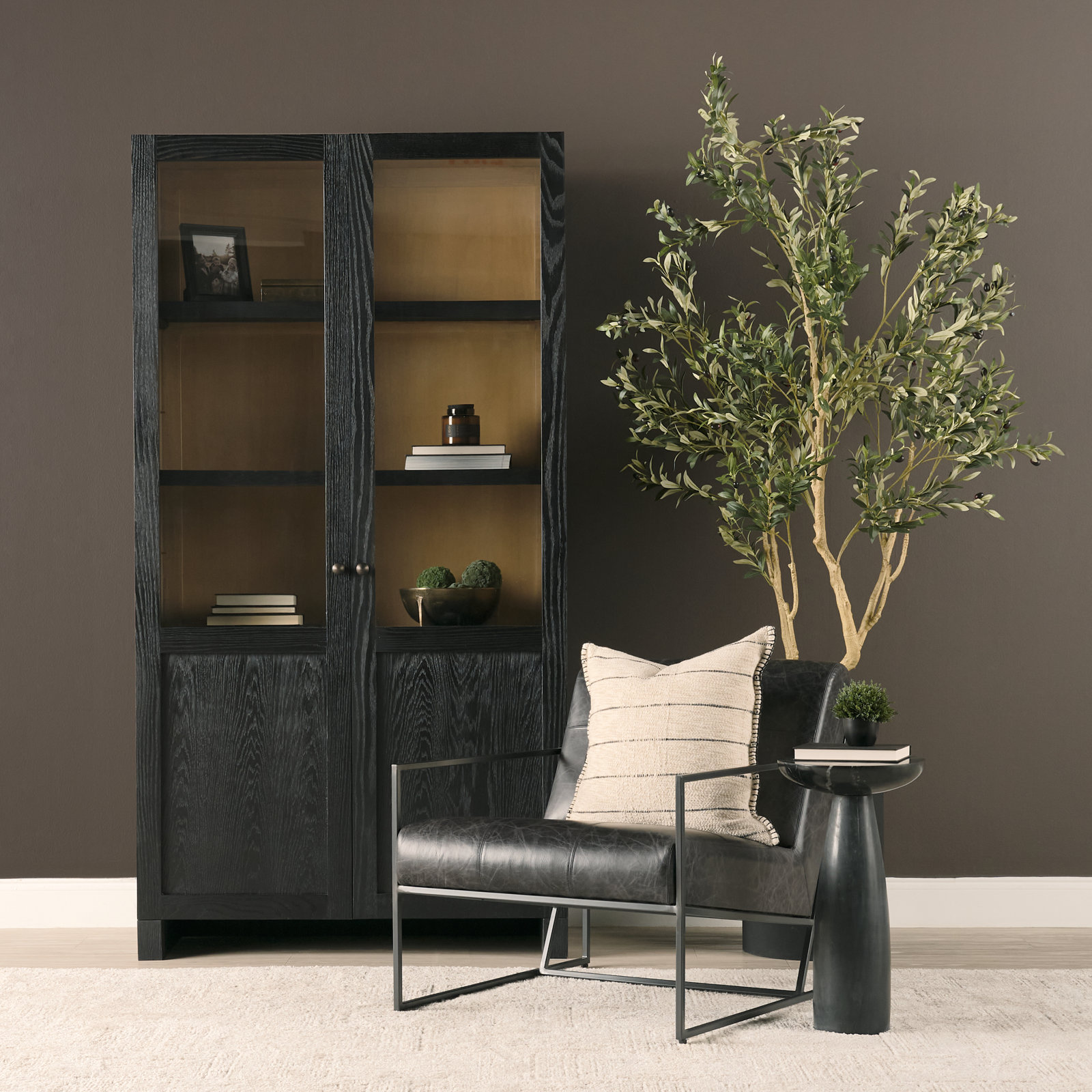 Mango Glass Accent Cabinet, Black/Light Brown