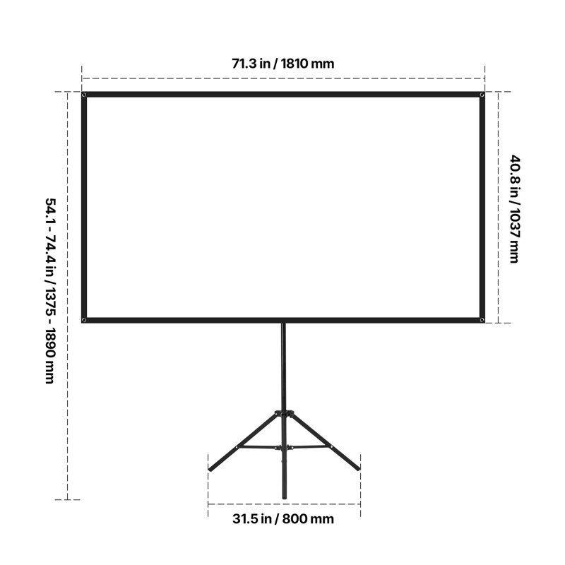 Écran de projection de 80 pouces avec trépied, écran de projection portatif 16: 9 HD pour l'intérieur et l'extérieur, écran de cinéma en polyester noir avec sac de transport